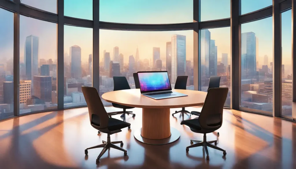 An image showcasing effective remote client relationships with a laptop on a wooden table and holographic participants, signifying virtual collaboration.