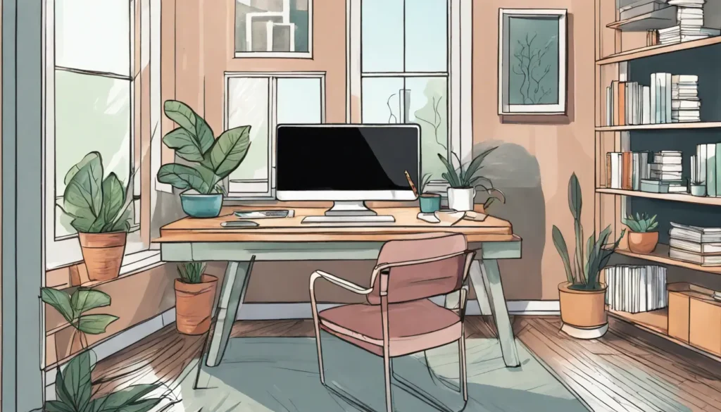 Image showing a split scene of a modern office and a cozy home setting, symbolizing work-life balance for a consultant.