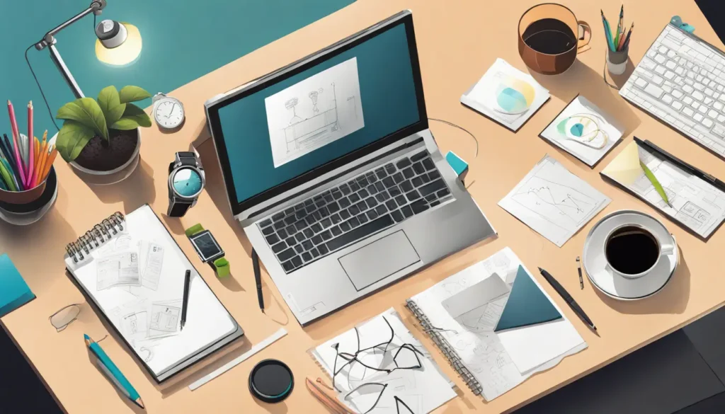 Overhead view of a organized office desk featuring digital tools like a laptop with workflow software, tablet with stylus, and smartwatch.