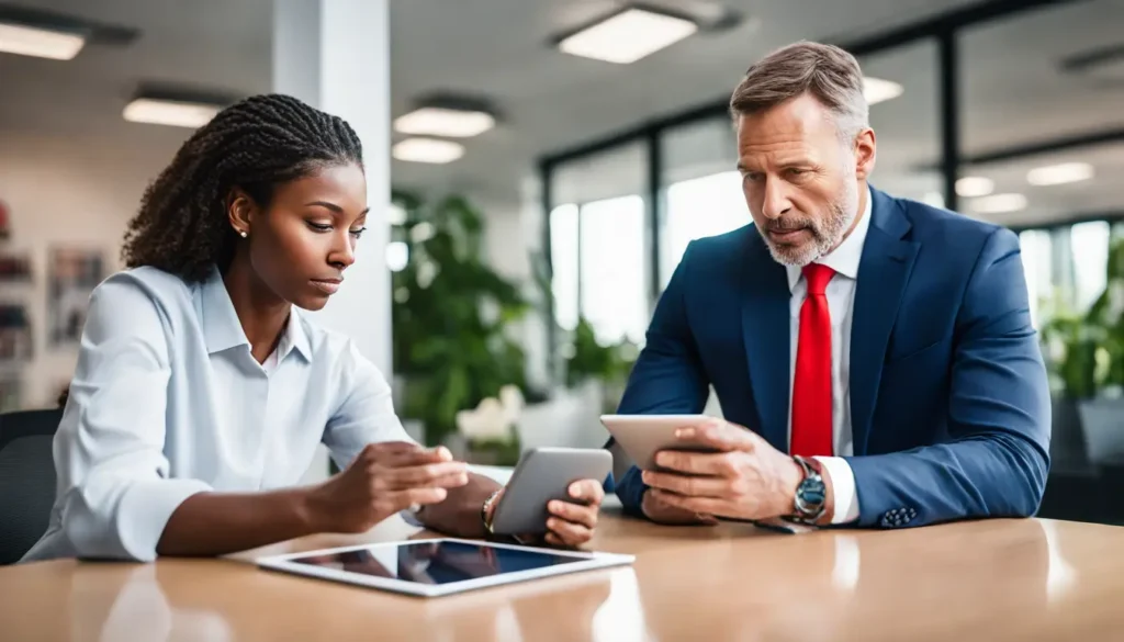 Coaching session with a male coach using a tablet to discuss performance graphs with a female athlete in a modern office setting.