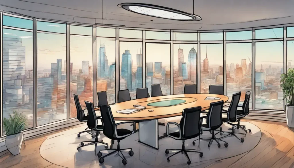 A well-equipped modern meeting room setup for efficient consulting, featuring an oval table, ergonomic chairs, and a city view.