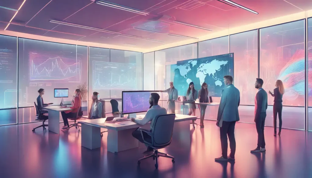 Consultants using advanced AI technology in a modern office to analyze data, depicted in a futuristic setting.