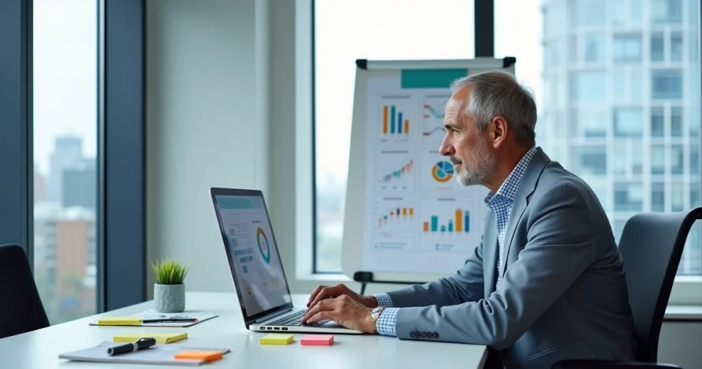Modern office with independent consultant reviewing CRM dashboard on a laptop, cityscape visible through windows.